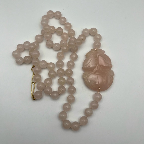 Vintage Chinese Rose Quartz Hand Knotted Mala Lotus Necklace - Picture 3 of 8